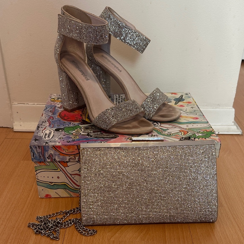 Jeffrey Campbell Silver Glitter Heels and Clutch